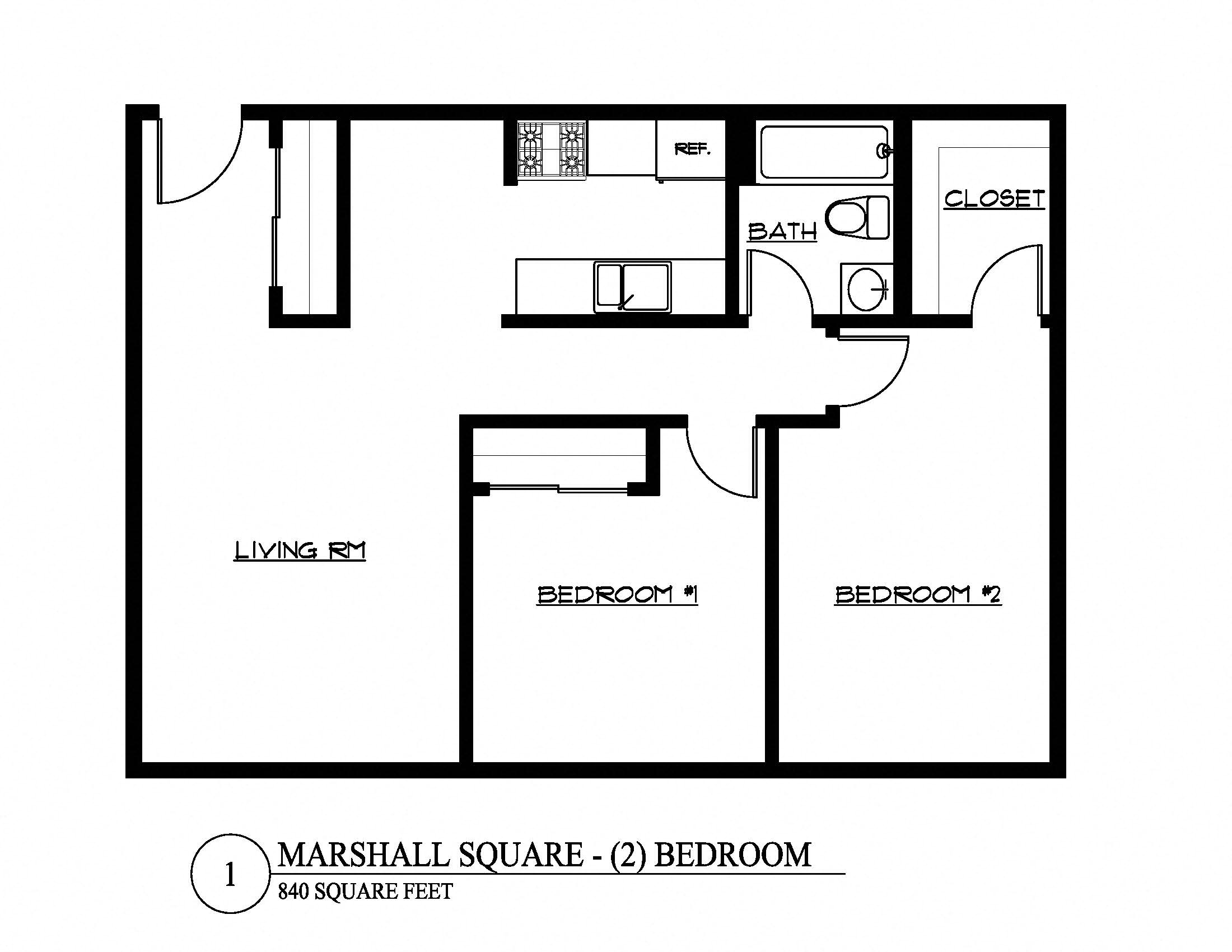 Floor plan for 2 beds, 1 bath, 840 sqft